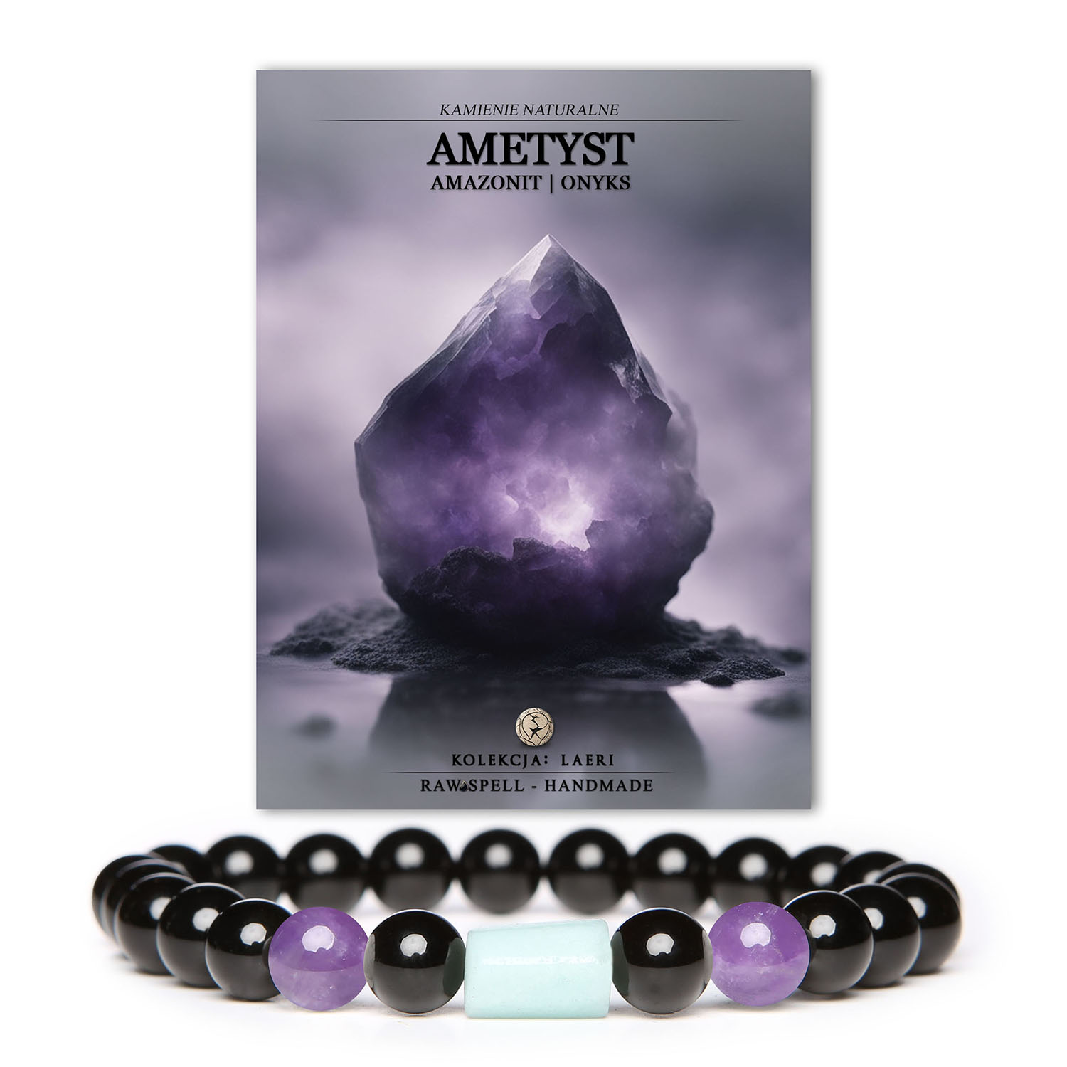 Bransoletka z Laeri, kamieniami naturalnymi: Ametyst, Amazonit, Onyks, dla wszystkich