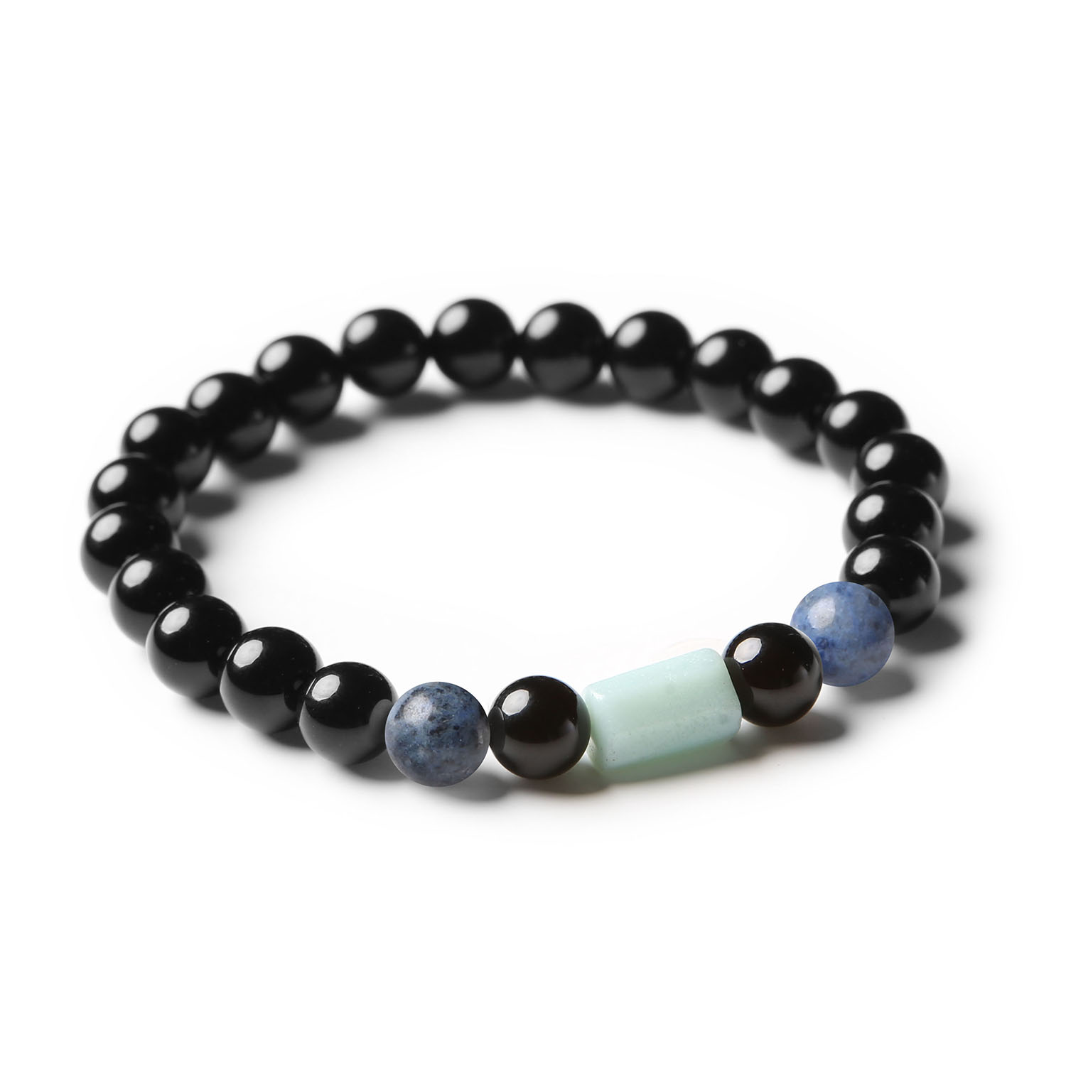 Elegancka bransoletka z kolekcji Laeri, ozdobiona naturalnymi kamieniami: dumortierytem, amazonitem i onyksem - uniwersalny dodatek.