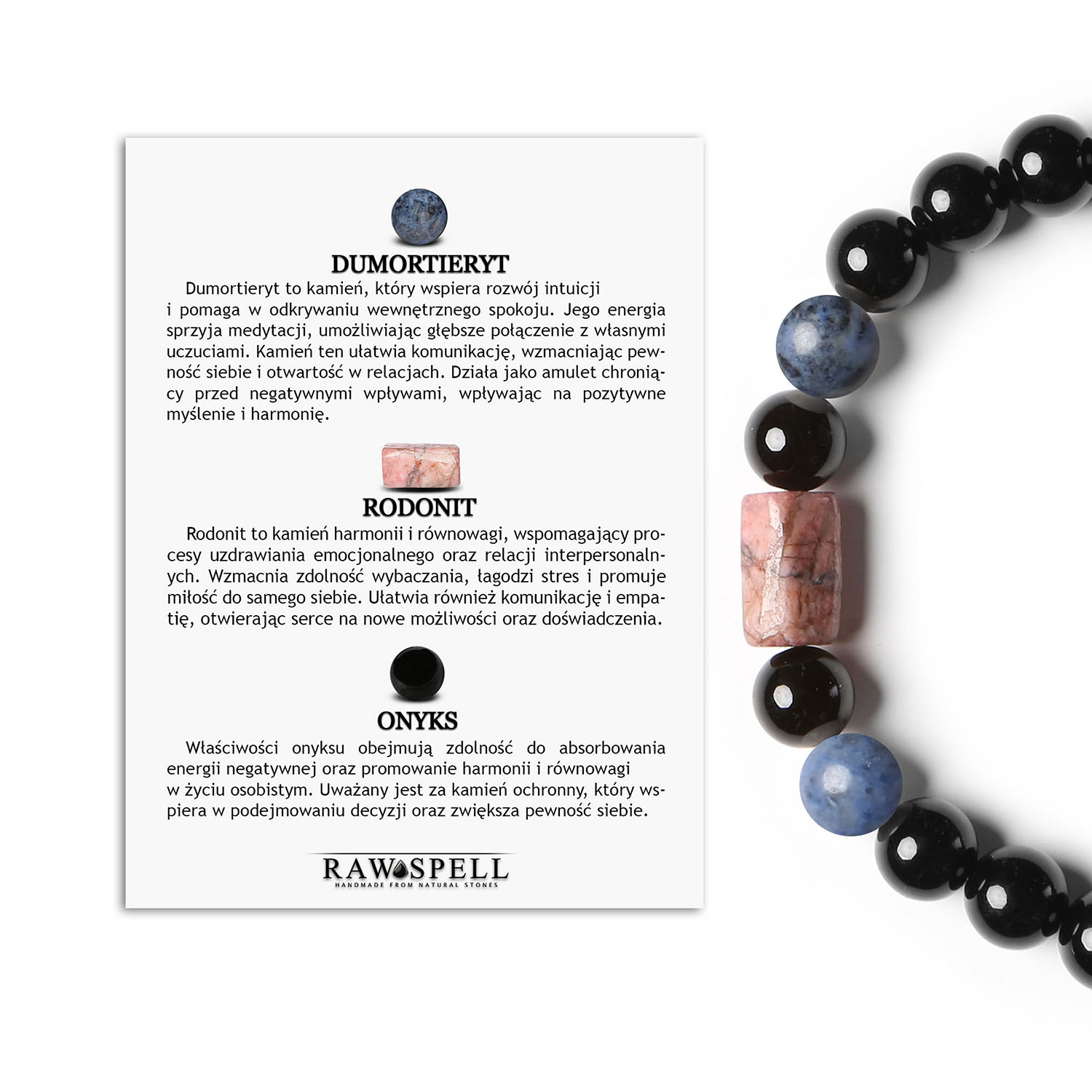 Bransoletka Laeri na gumce z dumortyerytem, rodonitem oraz onyksem, idealna dla kobiet i mężczyzn Bransoletka Laeri z naturalnymi kamieniami, takimi jak dumortieryt, rodonit oraz onyks, stworzona z myślą o kobietach i mężczyznach.