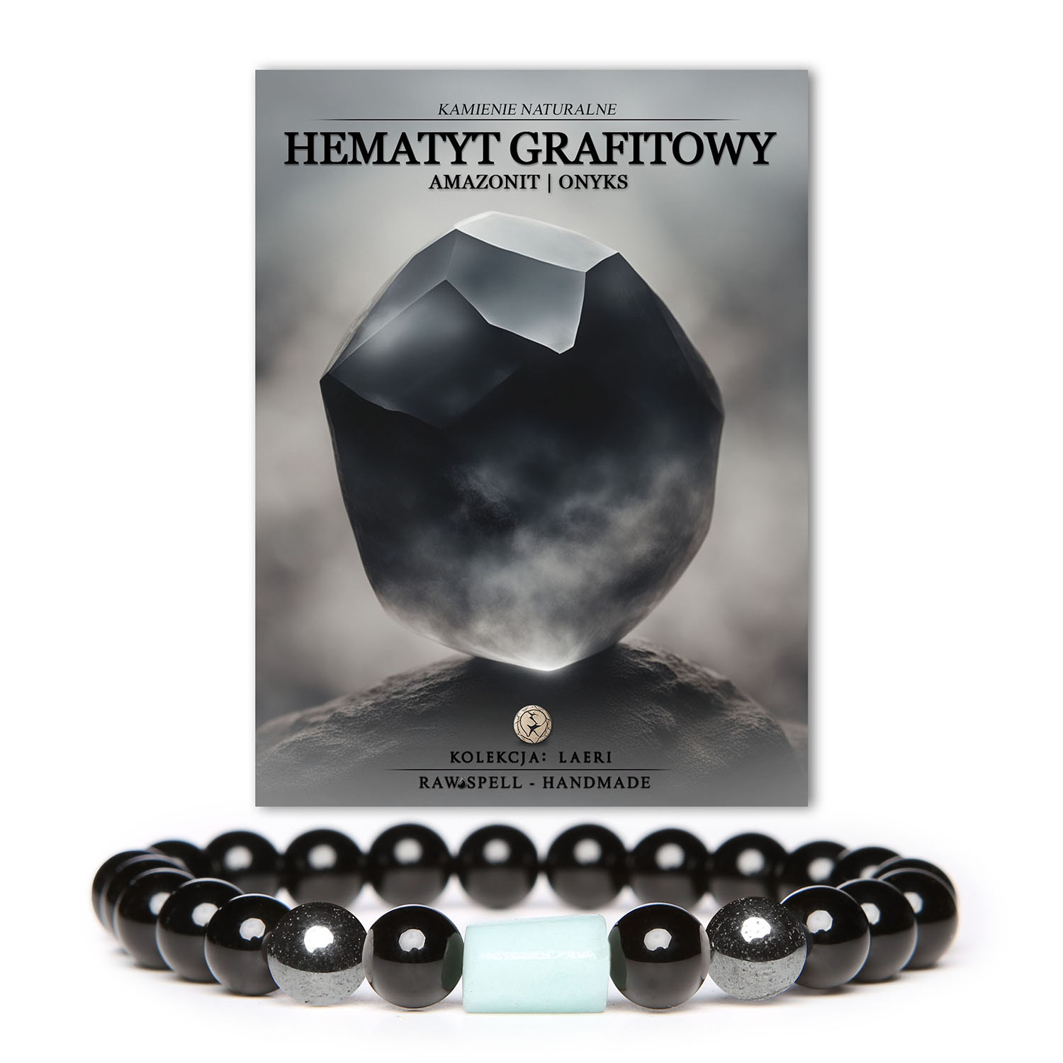 Bransoletka unisex Laeri z hematytu grafitowego, amazonitu i onyksem - naturalne kamienie dla nowoczesnego stylu.