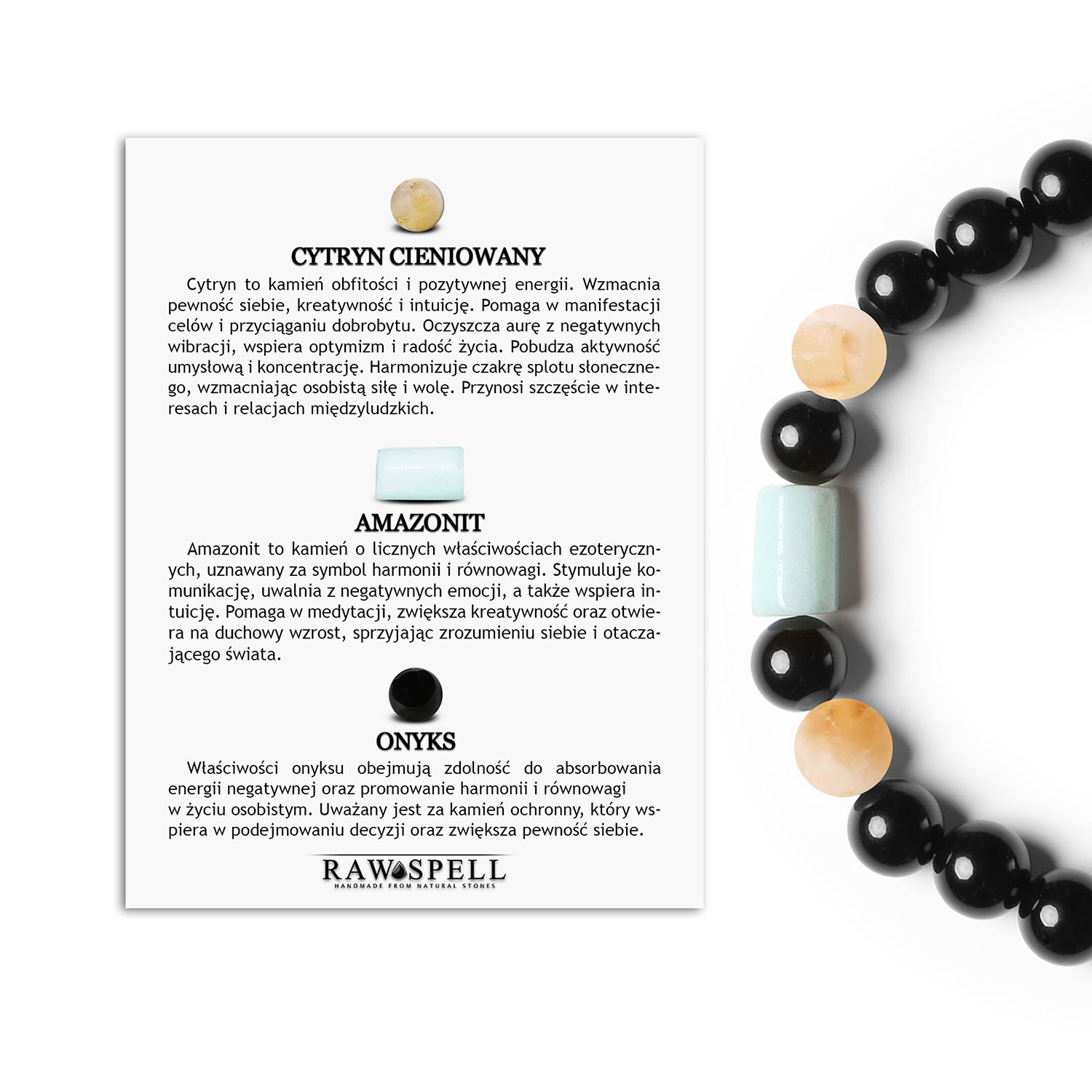 Bransoletka Laeri na gumce z kamieniami Cytryn Cieniowany, Amazonit, Onyks – modny wybór dla Kobiet i Mężczyzn Naturalna elegancja - bransoletki Laeri dla kobiet i mężczyzn