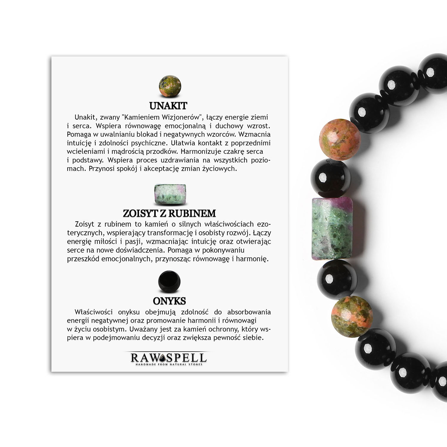 Bransoletka Laeri na gumce z kamieniami Unakit, Zoisyt z Rubinem i Onyks - doskonały wybór dla każdego Elegancka bransoletka na gumce z naturalnych kamieni unakit, zoisyt z rubinem i onyks, z kolekcji Laeri dla kobiet i mężczyzn.