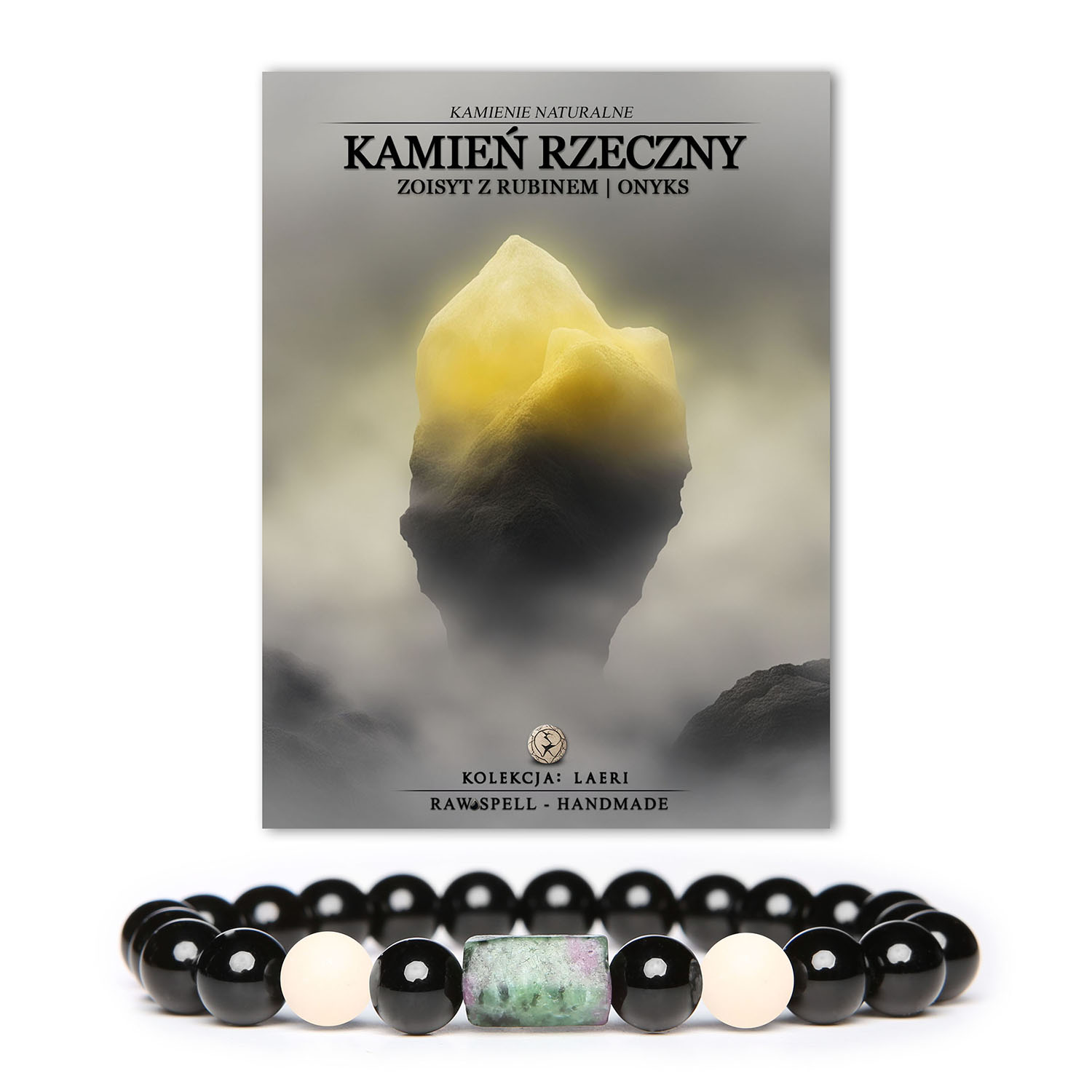 Bransoletka z naturalnymi kamieniami na gumce Laeri. W skład bransoletki wchodzi Onyks oraz Zoisyt z Rubinem.