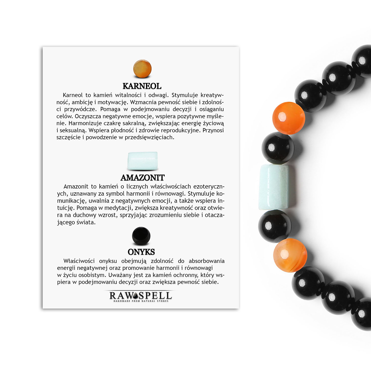 Bransoletka Laeri na gumce z karneolem, amazonitem i onyksu, stworzona z myślą o kobietach i mężczyznach Elegancka bransoletka z kolekcji Laeri, wykonana z karneolu, amazonitu i onyksu, stworzona z myślą o kobietach i mężczyznach.