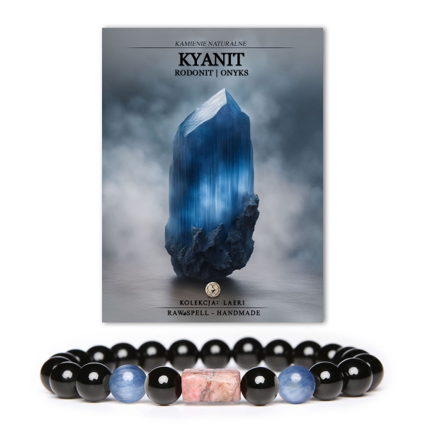 Unikalna bransoletka Laeri z kyanitem, rodonitem i onyksem, stworzona z myślą o kobietach i mężczyznach.