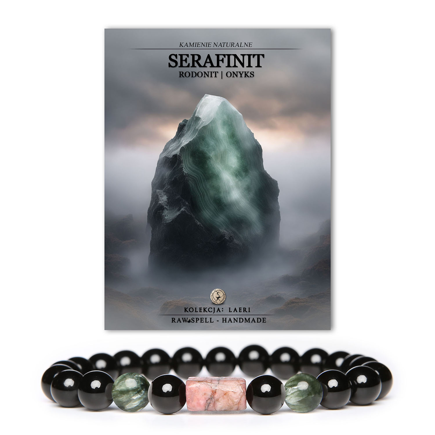 Bransoletka z kolekcji Laeri wykonana z kamieni naturalnych: serafinitu, rodonitu i onyksu. Idealna dla kobiet i mężczyzn.
