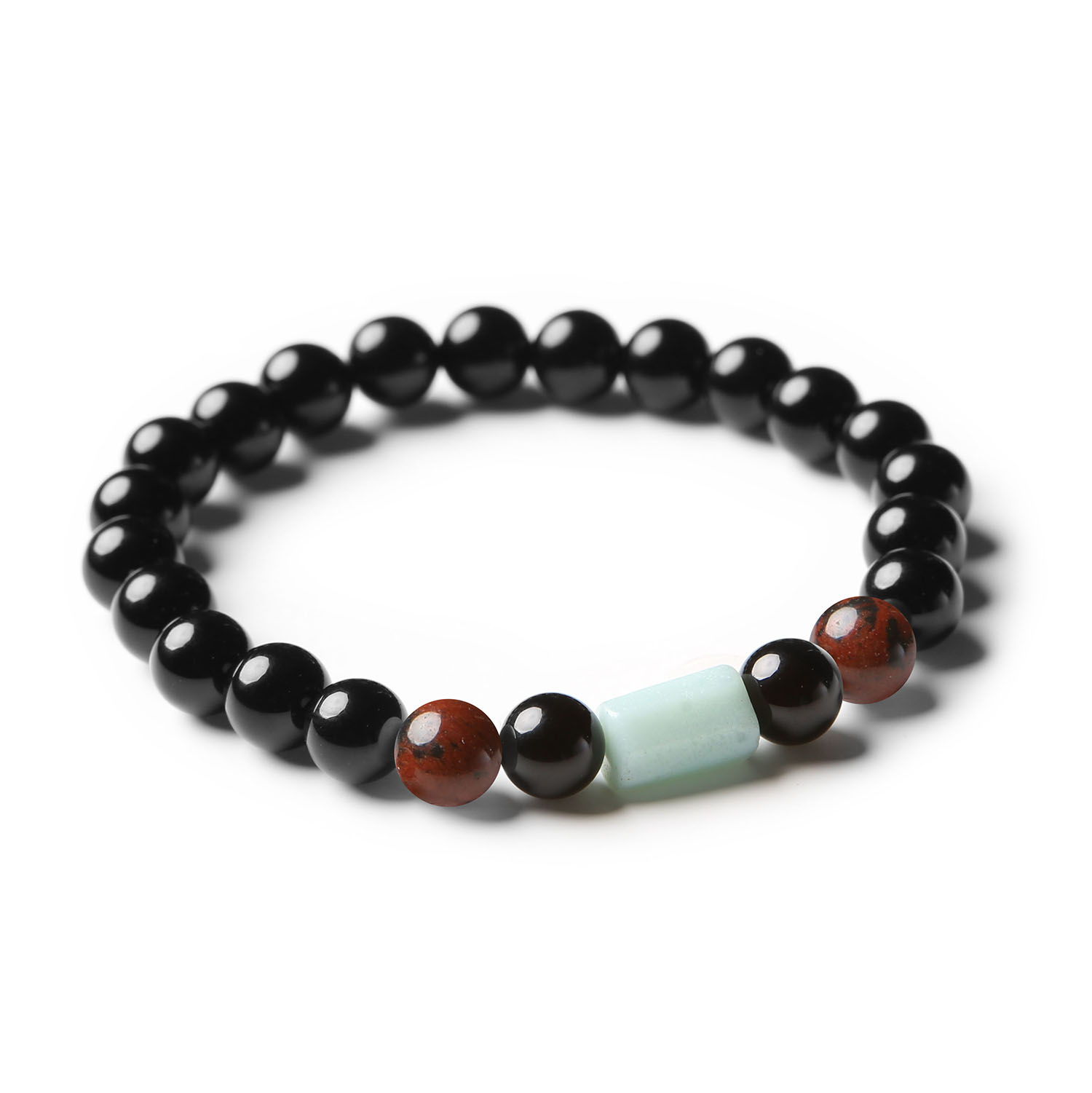 Bransoletka z kolekcji Laeri, wykonana z brązowego obsydianu, amazonitu i onyxu, dostępna dla obu płci.