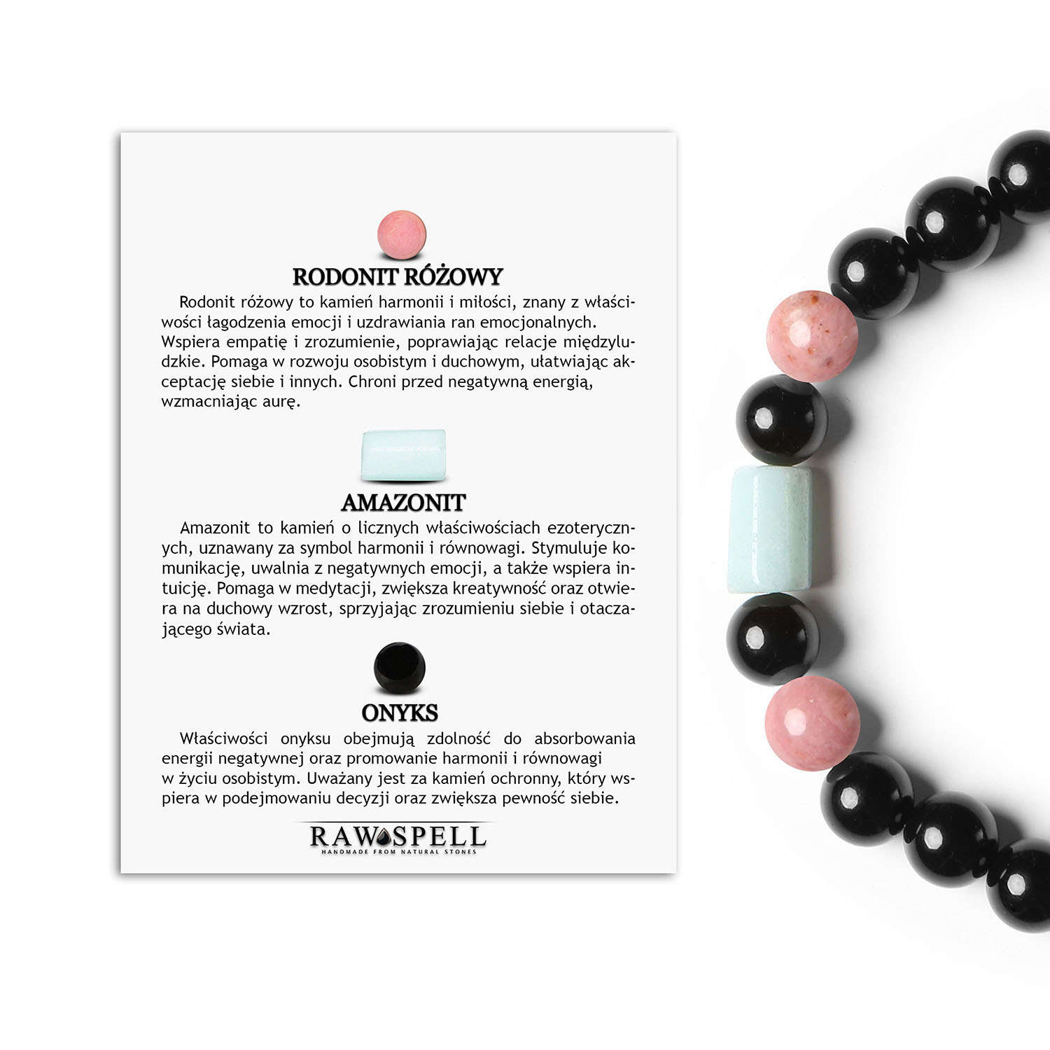 Bransoletka Laeri na gumce z rodonitu różowego, amazonitu oraz onyksu, dla kobiet i mężczyzn w każdym wieku Bransoletka z kolekcji Laeri, ozdobiona kamieniami rodonitu różowego, amazonitu i onyksu, dla uniwersalnego stylu wśród kobiet i mężczyzn.