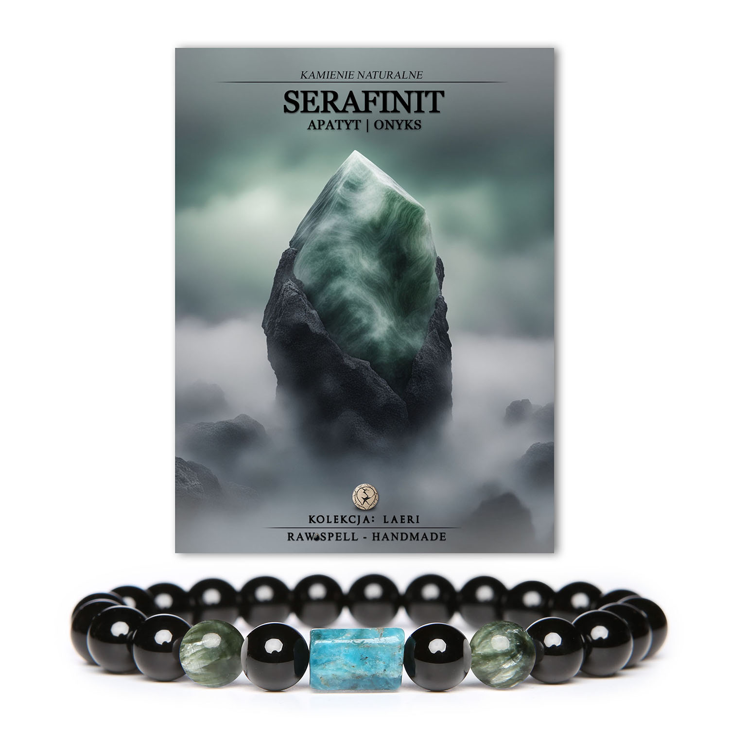 Unikatowa bransoletka z kolekcji Laeri, ozdobiona naturalnymi kamieniami serafinitu, apatytu i onyksu, stworzona dla kobiet i mężczyzn.