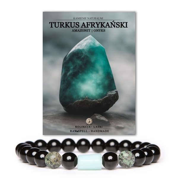 Modna bransoletka Laeri z turkusu afrykańskiego, amazonitu i onyksu, stworzona dla kobiet i mężczyzn, którzy cenią naturalne kamienie.