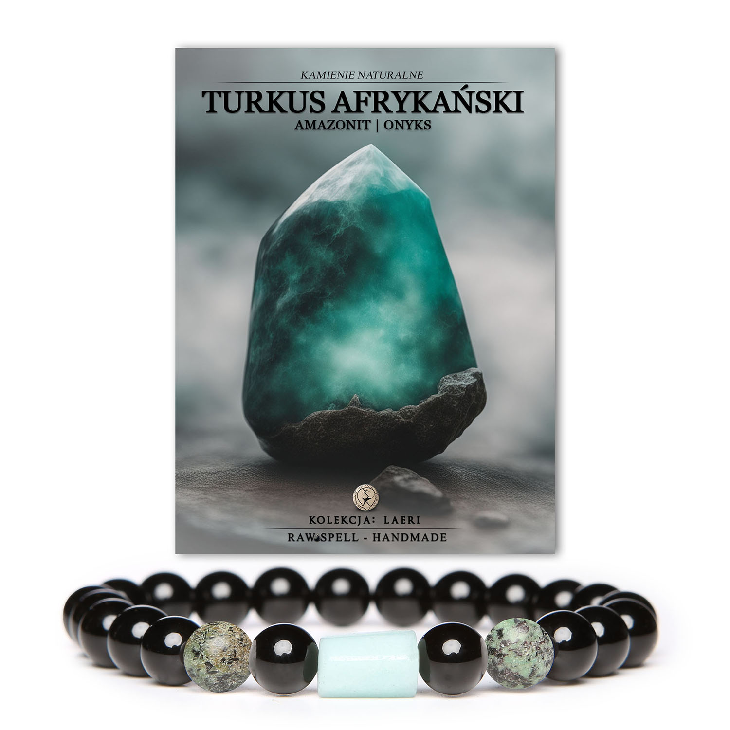 Modna bransoletka Laeri z turkusu afrykańskiego, amazonitu i onyksu, stworzona dla kobiet i mężczyzn, którzy cenią naturalne kamienie.