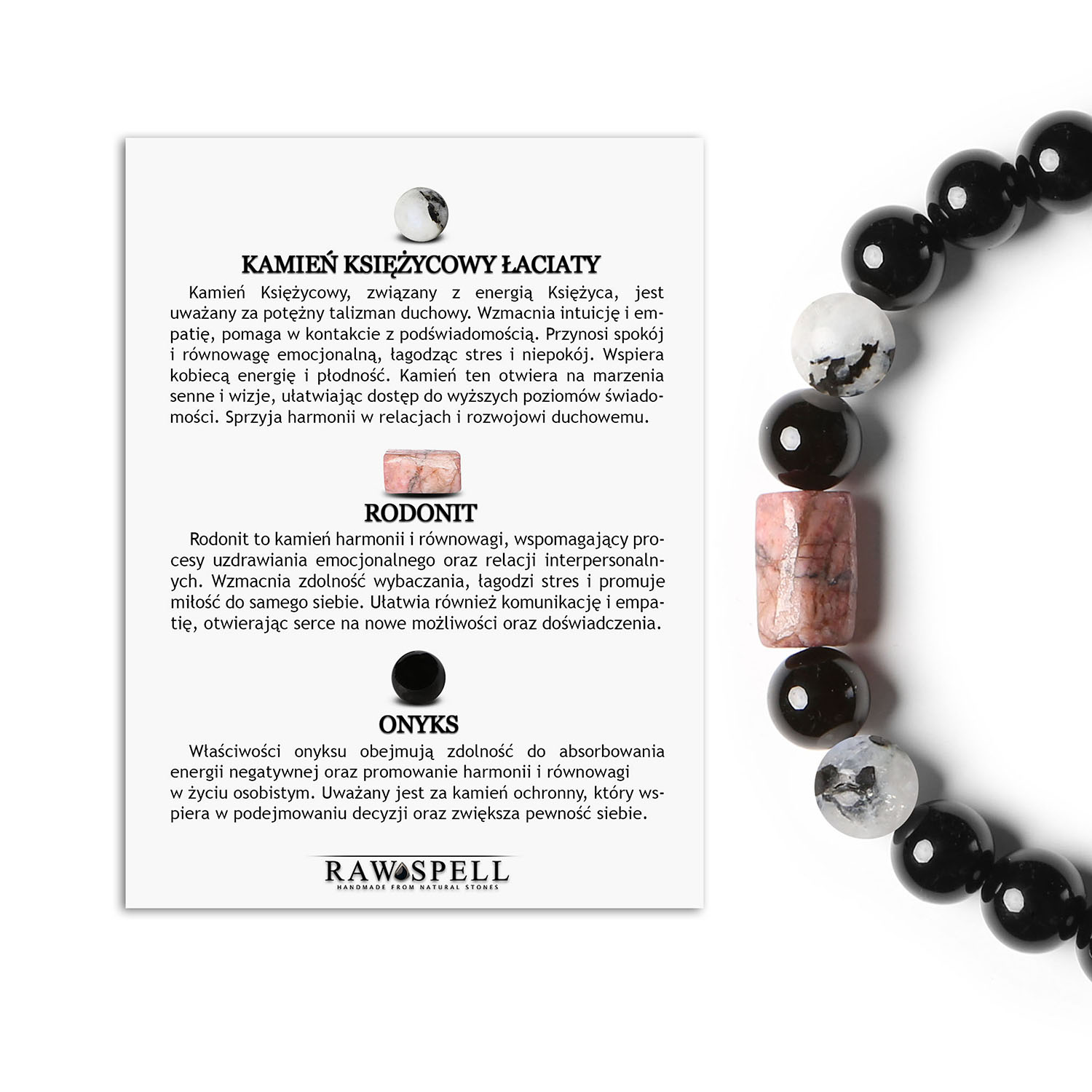 Bransoletka Laeri na sznurku z Kamieniem Księżycowym Łaciatym, Rodonitem w odcieniu różowym oraz Onyksami, stworzona dla Ko Bransoletka Laeri z naturalnymi kamieniami: Kamień Księżycowy Łaciaty, różowy Rodonit oraz Onyks - biżuteria dla kobiet i mężczyzn.