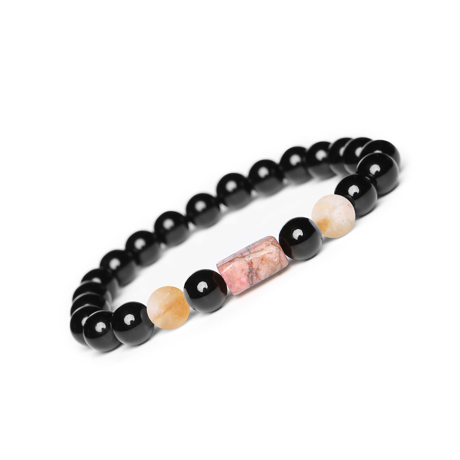 Bransoletka Laeri na sznurku z cytrynem cieniowanym, różowym rodonitem i onyksami, uniwersalna propozycja dla kobiet i mężczyzn Bransoletka z kolekcji Laeri wykonana z naturalnych kamieni - cytryn cieniowany, rodonit w odcieniu różowym i onyks. Uniwersalny dodatek dla kobiet i mężczyzn.