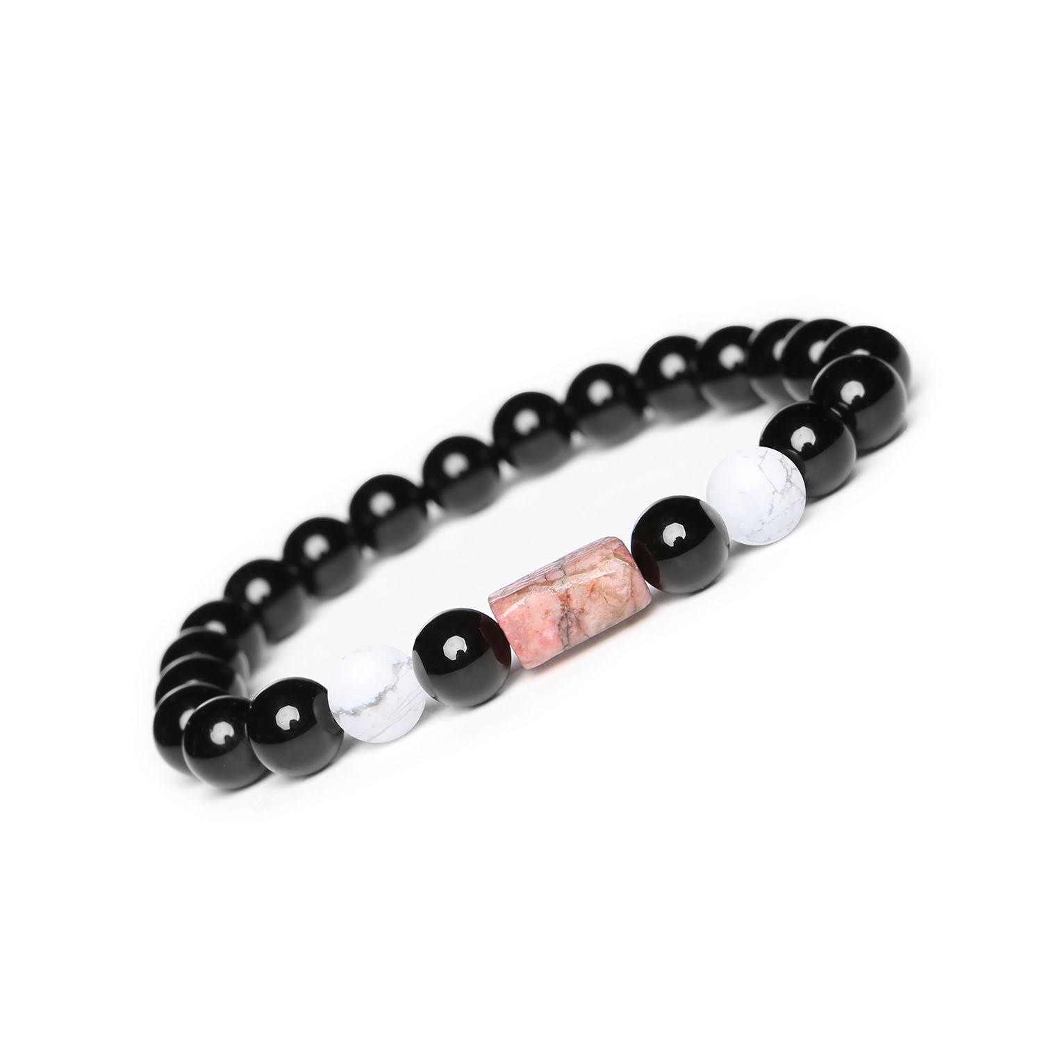 Bransoletka Laeri na sznurku z howlitem, różowym rodonitem i onyksu, idealna dla kobiet i mężczyzn Stylowa bransoletka z kolekcji Laeri, składająca się z kamieni naturalnych: howlit, różowy rodonit oraz onyks, dedykowana kobietom i mężczyznom.