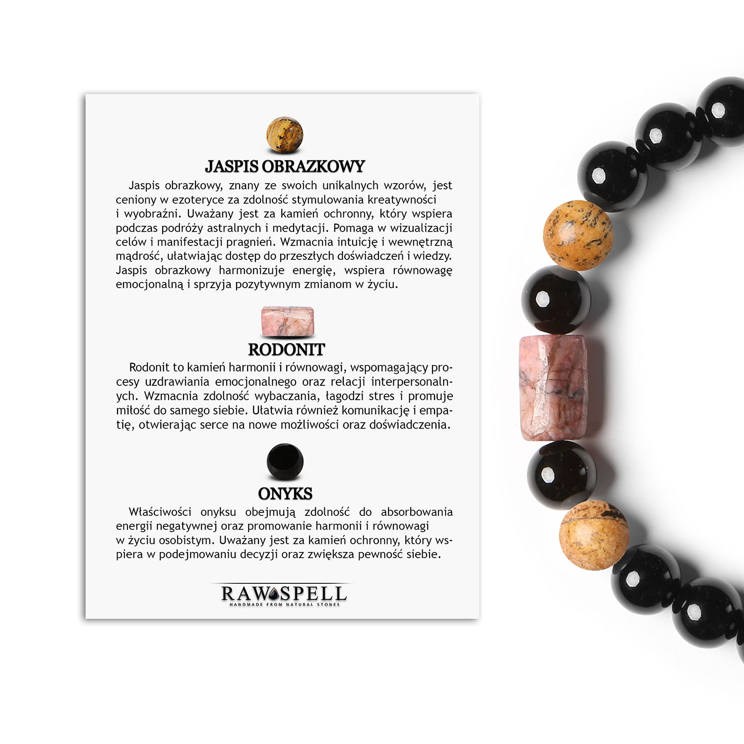 Bransoletka Laeri na sznurku z jaspisem obrazkowym, rodonitem w odcieniu różu i onyksami, doskonała zarówno dla kobiet, jak i mężczyzn Bransoletka Laeri z jaspisem obrazkowym, różowym rodonitem i onyksami, dedykowana kobietom i mężczyznom, którzy cenią sobie naturalne materiały.