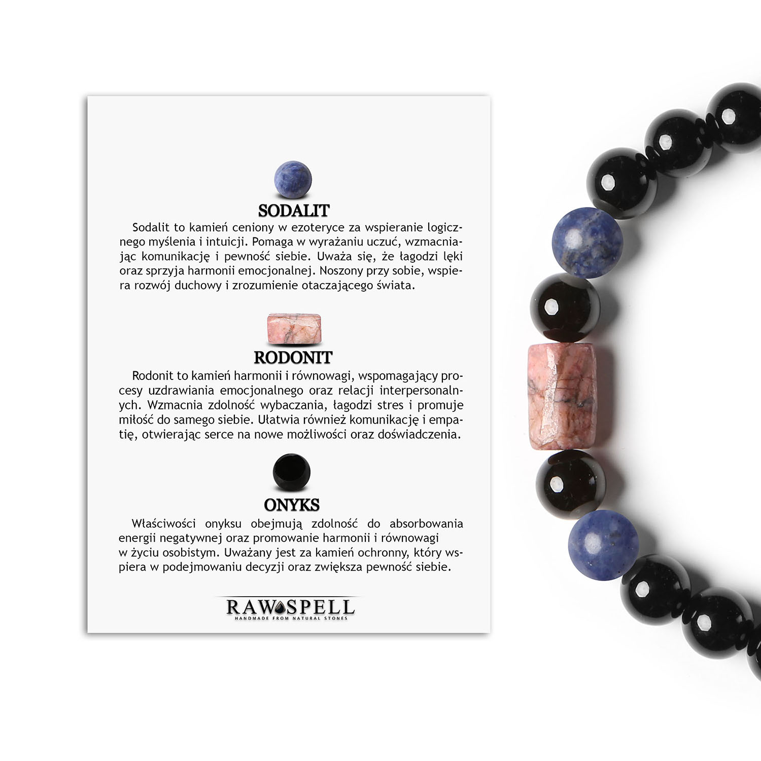 Bransoletka Laeri na sznurku z kamieniami sodalit, różowy rodonit i onyks – idealna dla kobiet i mężczyzn Bransoletka dla kobiet i mężczyzn, ozdobiona naturalnymi kamieniami - Sodalit i Rodonit w kolorze różowym, z kolekcji Laeri.