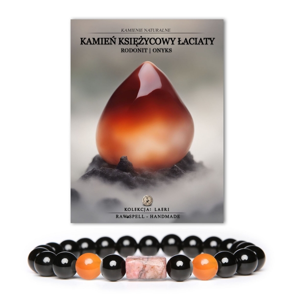 Stylowa bransoletka z kolekcji Laeri, wykonana z karneolu, różowego rodonitu i onyksem, uniwersalna dla obu płci.