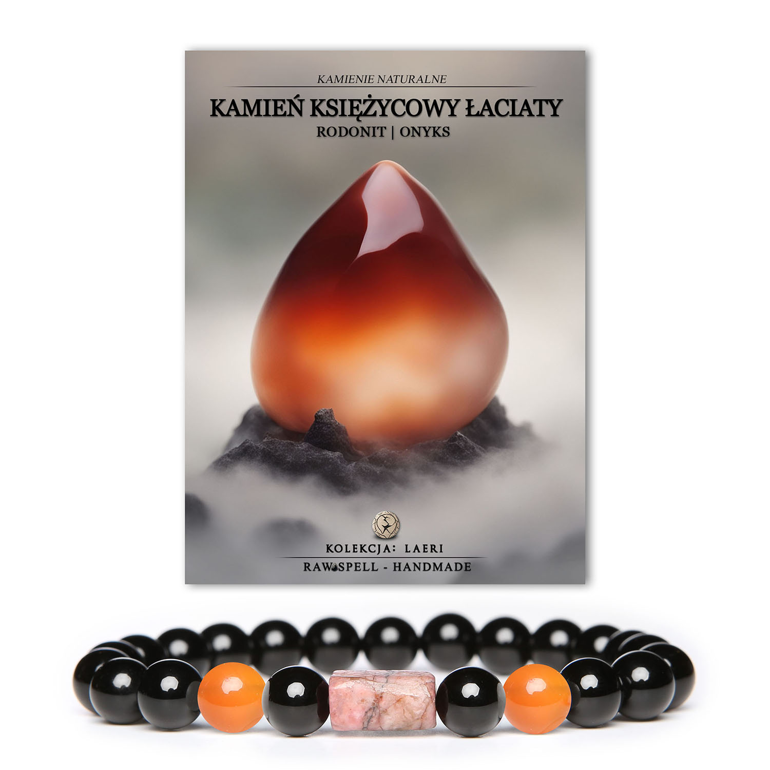 Stylowa bransoletka z kolekcji Laeri, wykonana z karneolu, różowego rodonitu i onyksem, uniwersalna dla obu płci.