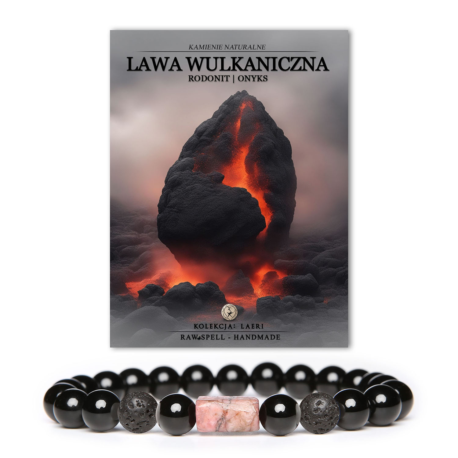 Elegancka bransoletka Laeri z kamieniami naturalnymi, takimi jak lawa wulkaniczna, różowy rodonit i onyks, dla kobiet i mężczyzn.