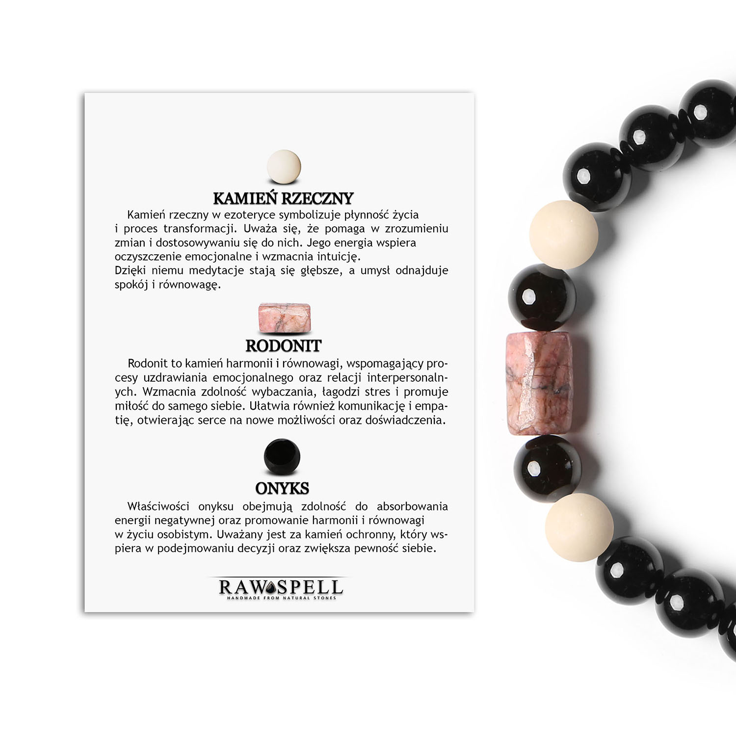 Bransoletka Laeri na sznurku z różowym rodonitem, kamieniem rzecznym i onyksami, stworzona z myślą o kobietach i mężczyznach Kolekcja Laeri: unisex bransoletka z rodonitem w odcieniu różowym oraz onyks, stworzona z kamieni naturalnych.