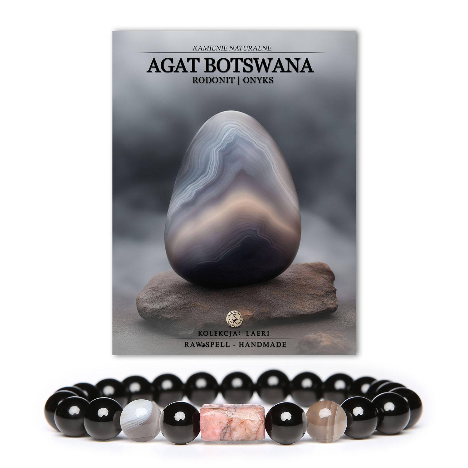 Bransoletka Laeri z naturalnymi kamieniami: agat Botswana, różowy rodonit i onyks, unisex dla kobiet i mężczyzn.
