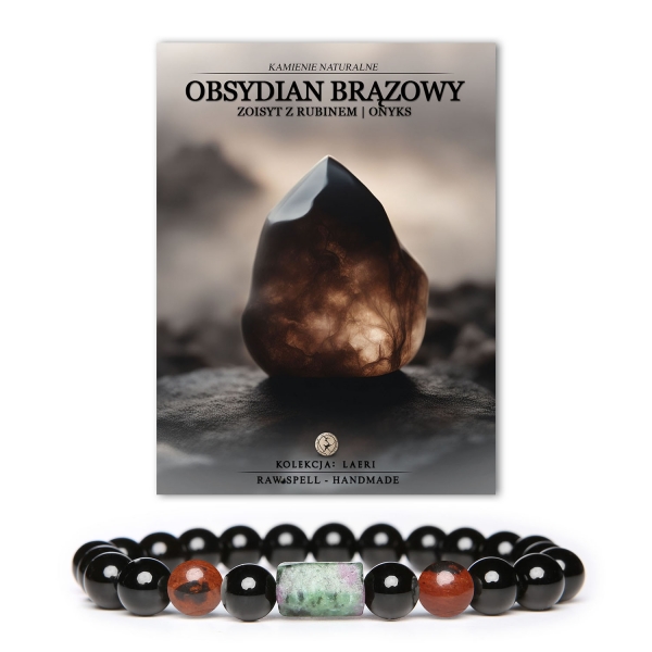 Elegancka bransoletka Laeri z kamieni naturalnych: obsydian brązowy, onyks oraz zoisyt z rubinem, dopasowana na gumkę dla wygody noszenia.