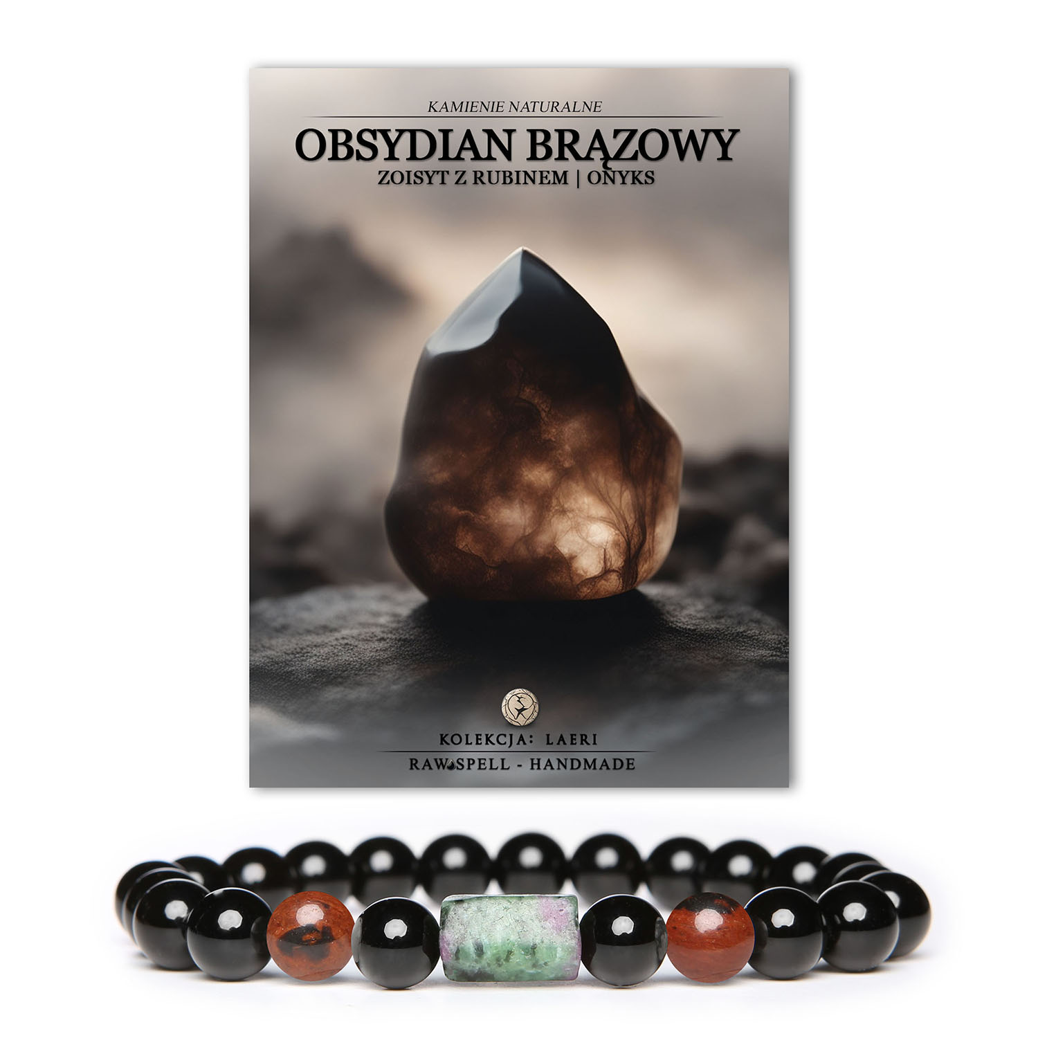Elegancka bransoletka Laeri z kamieni naturalnych: obsydian brązowy, onyks oraz zoisyt z rubinem, dopasowana na gumkę dla wygody noszenia.
