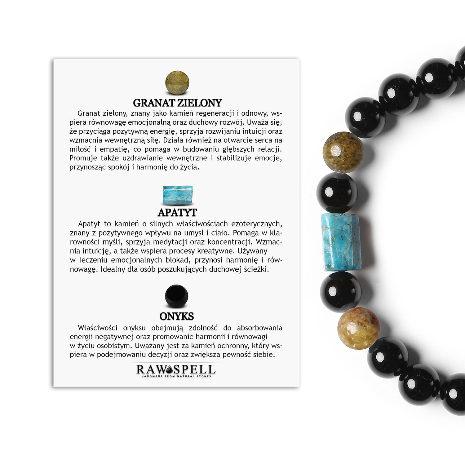 Bransoletka Laeri w granacie zielonym na gumce, z apatytami i onyksem, dla kobiet i mężczyzn poszukujących stylowych akcesoriów Elegancka bransoletka Laeri z zielonym granatem, apatytami i onyksami, stworzona dla kobiet i mężczyzn, którzy cenią naturalne kamienie.