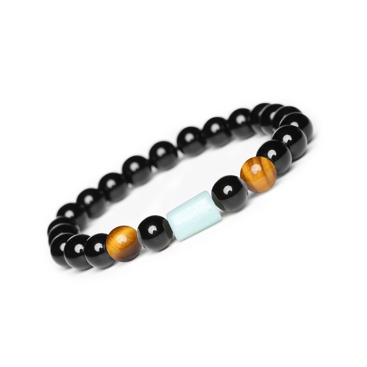 Bransoletka Laeri w gumce z Tygrysim Okiem, Amazonitem i Onyksami dla kobiet i mężczyzn Bransoletka z kolekcji Laeri, zdobiona naturalnymi kamieniami: Tygrysie Oko, Amazonit i Onyks, uniwersalny wybór dla kobiet i mężczyzn.