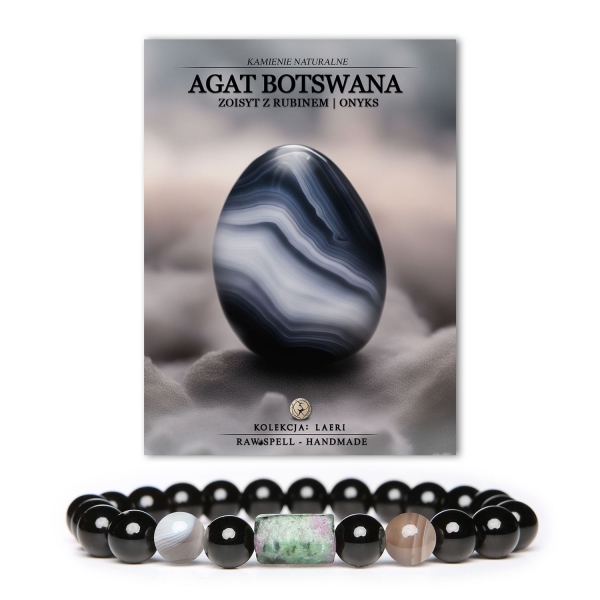 Bransoletka Laeri na gumce z naturalnymi kamieniami: agat Botswana, zoisyt z rubinem oraz onyks, idealna dla kobiet i mężczyzn.