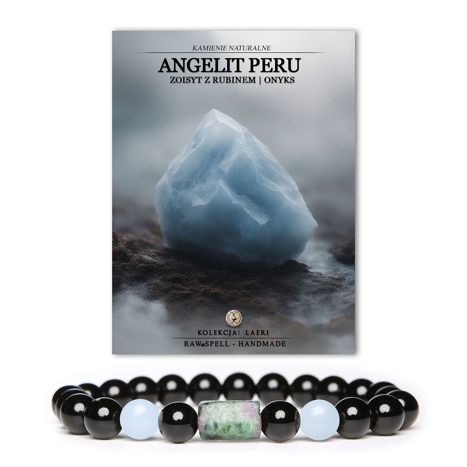 Elegancka bransoletka Laeri na gumce, zawierająca kamienie naturalne: Angelit z Peru, Zoisyt z Rubinem i Onyks, dedykowana dla kobiet i mężczyzn.