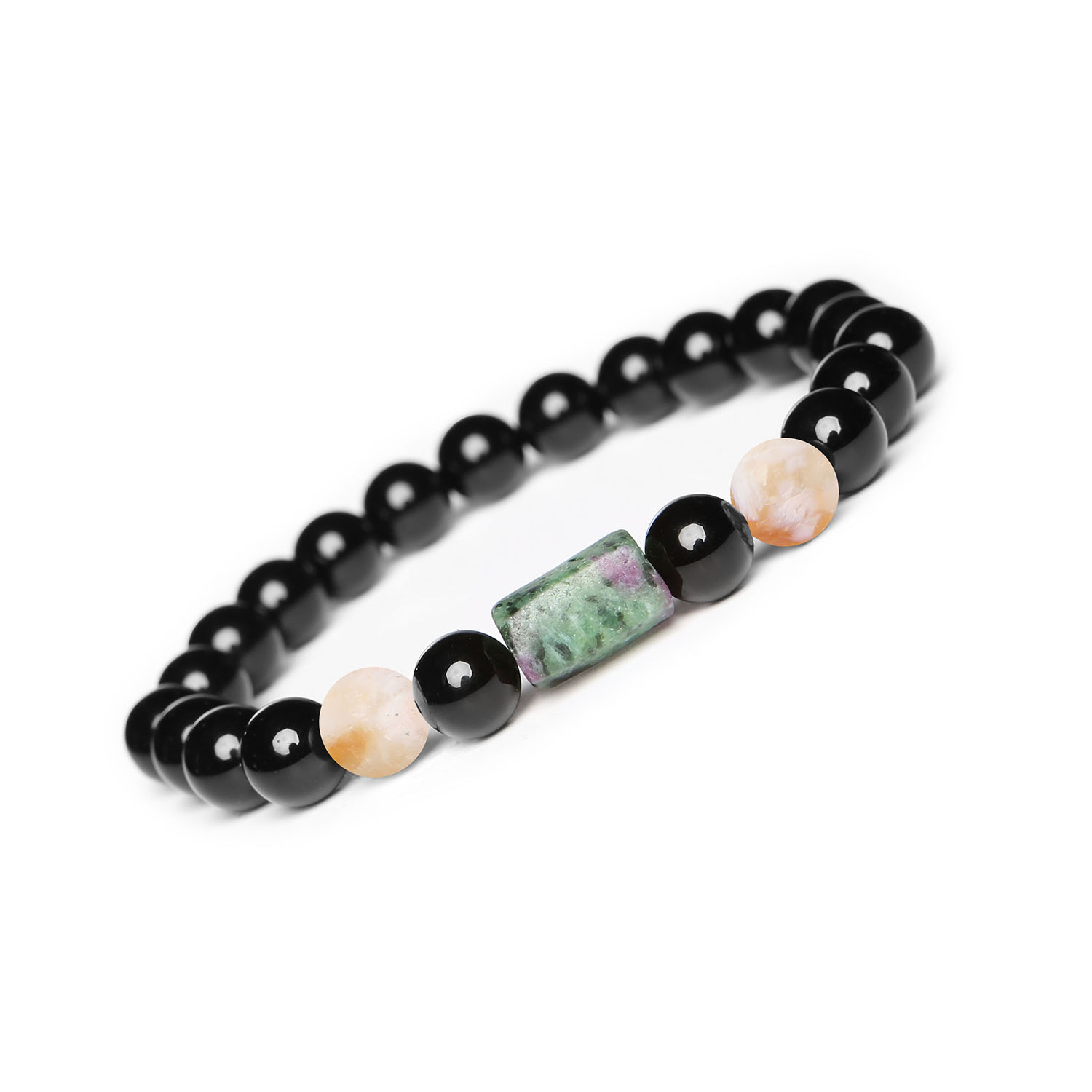 Bransoletka Laeri z Cytrynem Cieniowanym, Zoisitem z Rubinem i Onyksu - uniwersalny dodatek Bransoletka Laeri z kamieni naturalnych: cytryn w odcieniach, zoisyt z rubinem oraz onyks, stworzona z myślą o kobietach i mężczyznach.