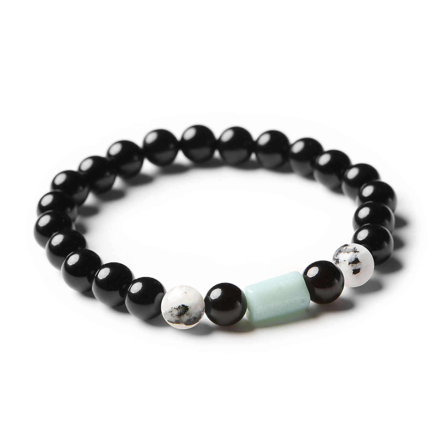 Stylowa bransoletka Laeri z kamieniami Księżycowym Łaciatym, Amazonitem i Onyks, doskonały dodatek dla każdej płci.