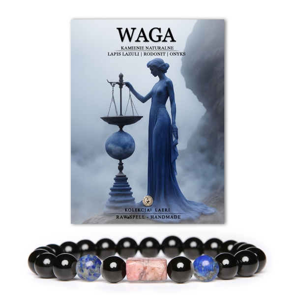Elegancka bransoletka Laeri z kamieniami Lapis Lazuli, Rodonit i Onyks, idealna dla Wagi. Połączenie piękna i mocy naturalnych minerałów.