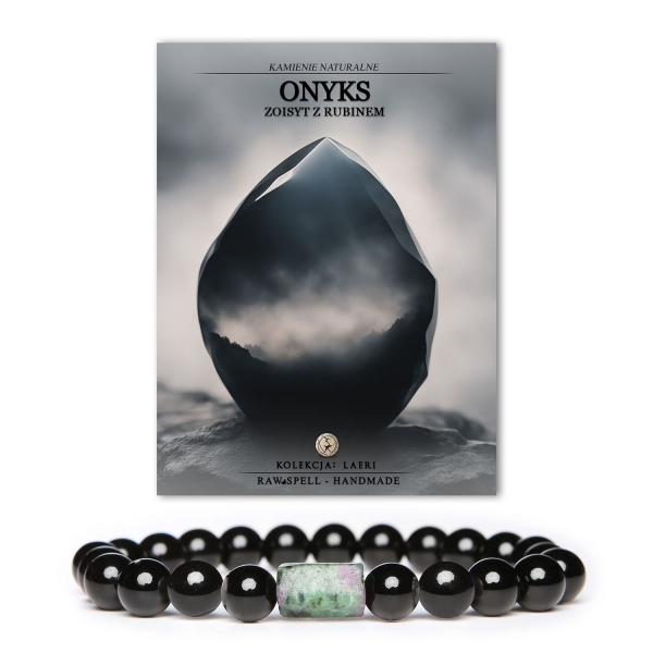 Elegancka bransoletka z kolekcji Dla Kobiet i Mężczyzn, z gumką i naturalnymi kamieniami onyksu oraz zoisytu z rubinem.