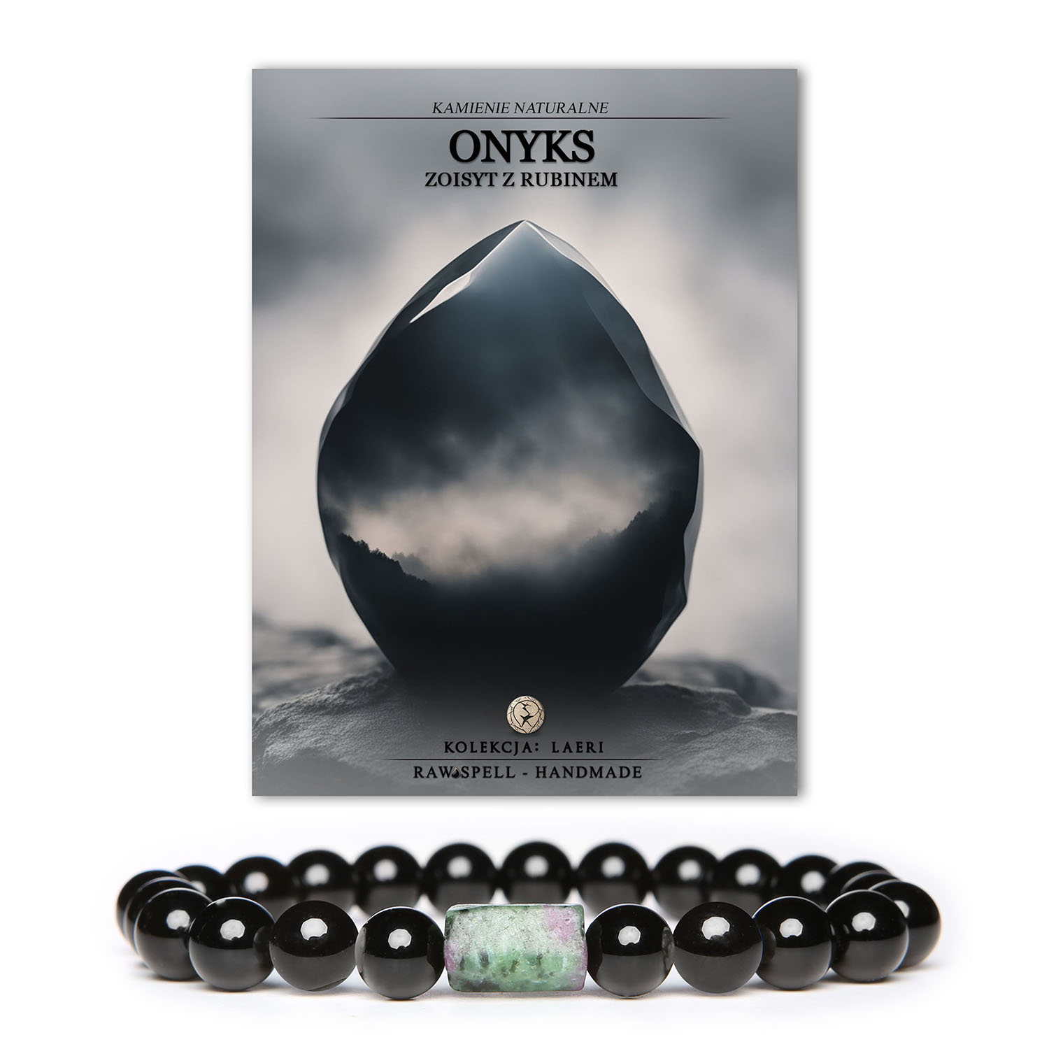 Elegancka bransoletka z kolekcji Dla Kobiet i Mężczyzn, z gumką i naturalnymi kamieniami onyksu oraz zoisytu z rubinem.