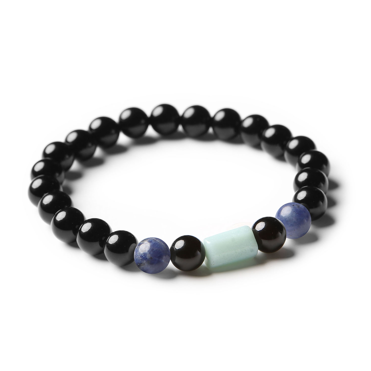 Bransoletka Laeri z naturalnych kamieni, w tym sodalitem, amazonitem i onyksami, unisex - dla każdego, kto ceni wyjątkowe akcesoria.