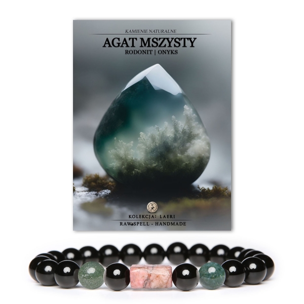 Stylowa bransoletka z kolekcji Laeri, wykonana z agatów mszystych, różowego rodonitu oraz onyksu, doskonały wybór dla obu płci.