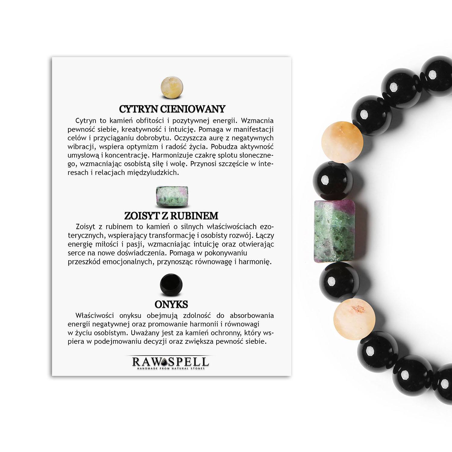 Bransoletka Laeri z cytrynem, zoisitem i onyksu - świetny prezent dla kobiet i mężczyzn Stylowa bransoletka z kolekcji Laeri, wykonana z naturalnych kamieni: cieniowany cytryn, zoisyt z rubinem oraz onyks, dedykowana dla obu płci.