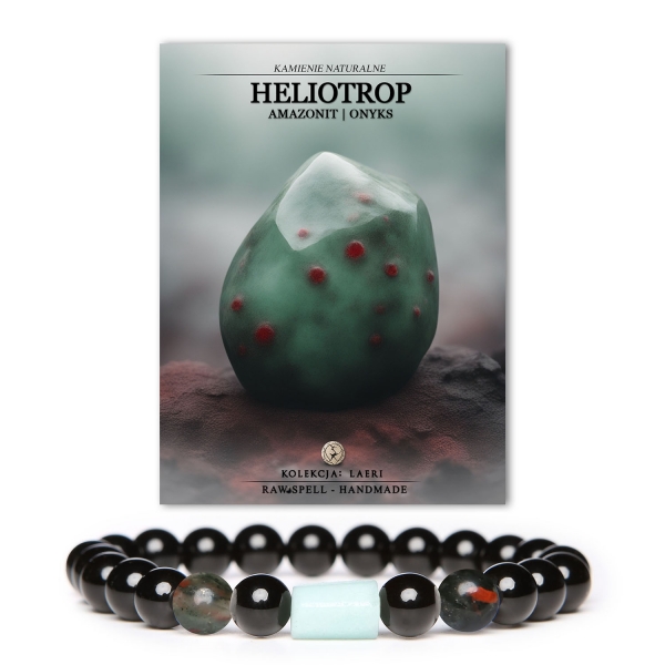 Bransoletka z kolekcji Laeri, ozdobiona naturalnymi kamieniami heliotropu, amazonitu i onksu, doskonała dla kobiet i mężczyzn.