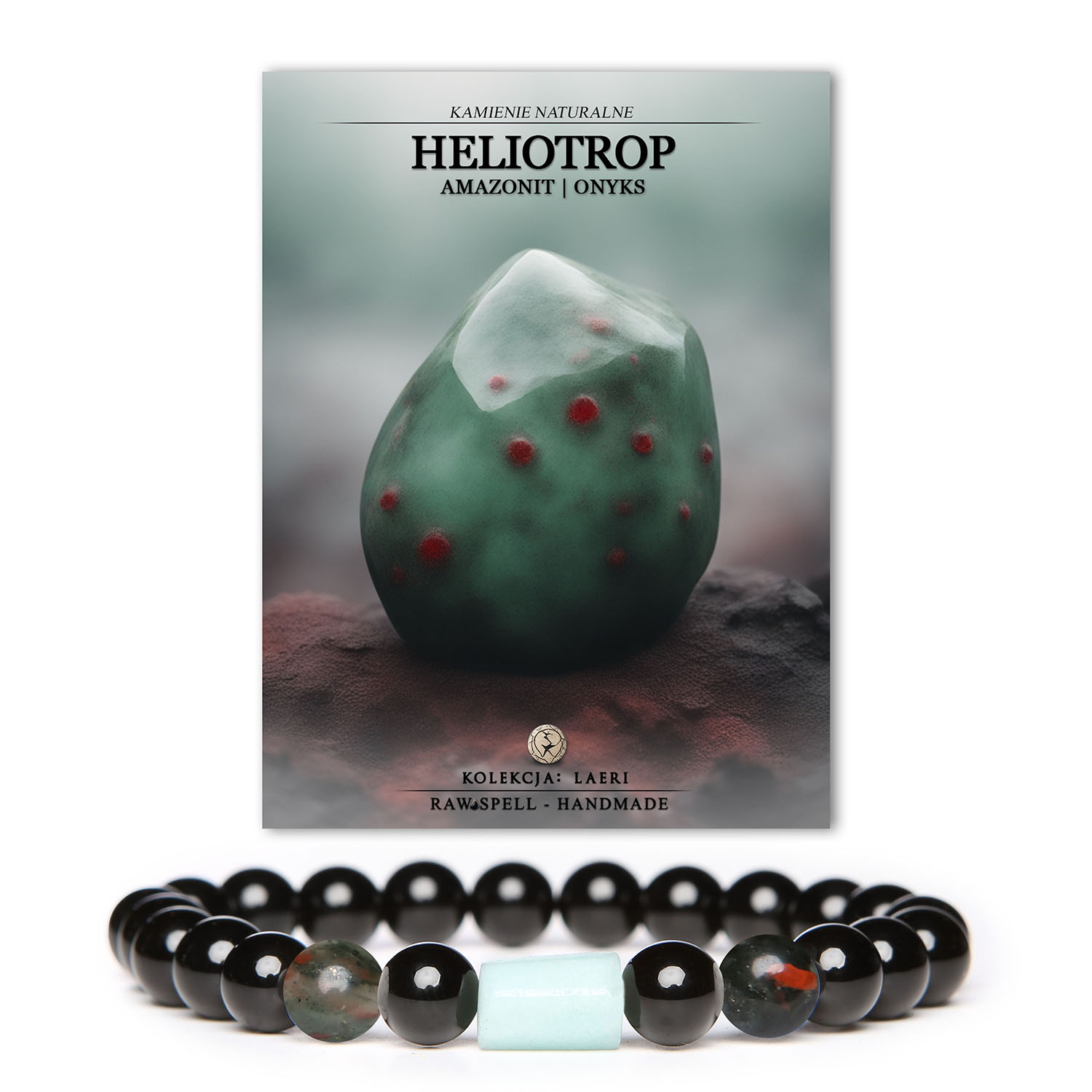 Bransoletka z kolekcji Laeri, ozdobiona naturalnymi kamieniami heliotropu, amazonitu i onksu, doskonała dla kobiet i mężczyzn.