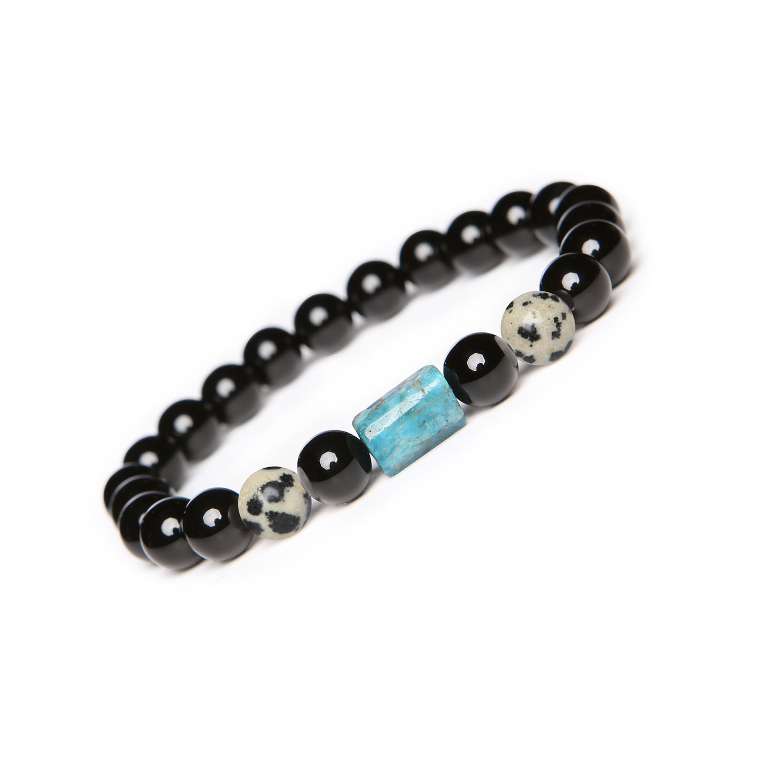 Bransoletka Laeri z gumką - jaspis dalmatyński, apatyt oraz onyks dla każdego Elegancka bransoletka z kolekcji Laeri, z naturalnymi kamieniami: jaspis dalmatyński, apatyt i onyx, odpowiednia dla obu płci.