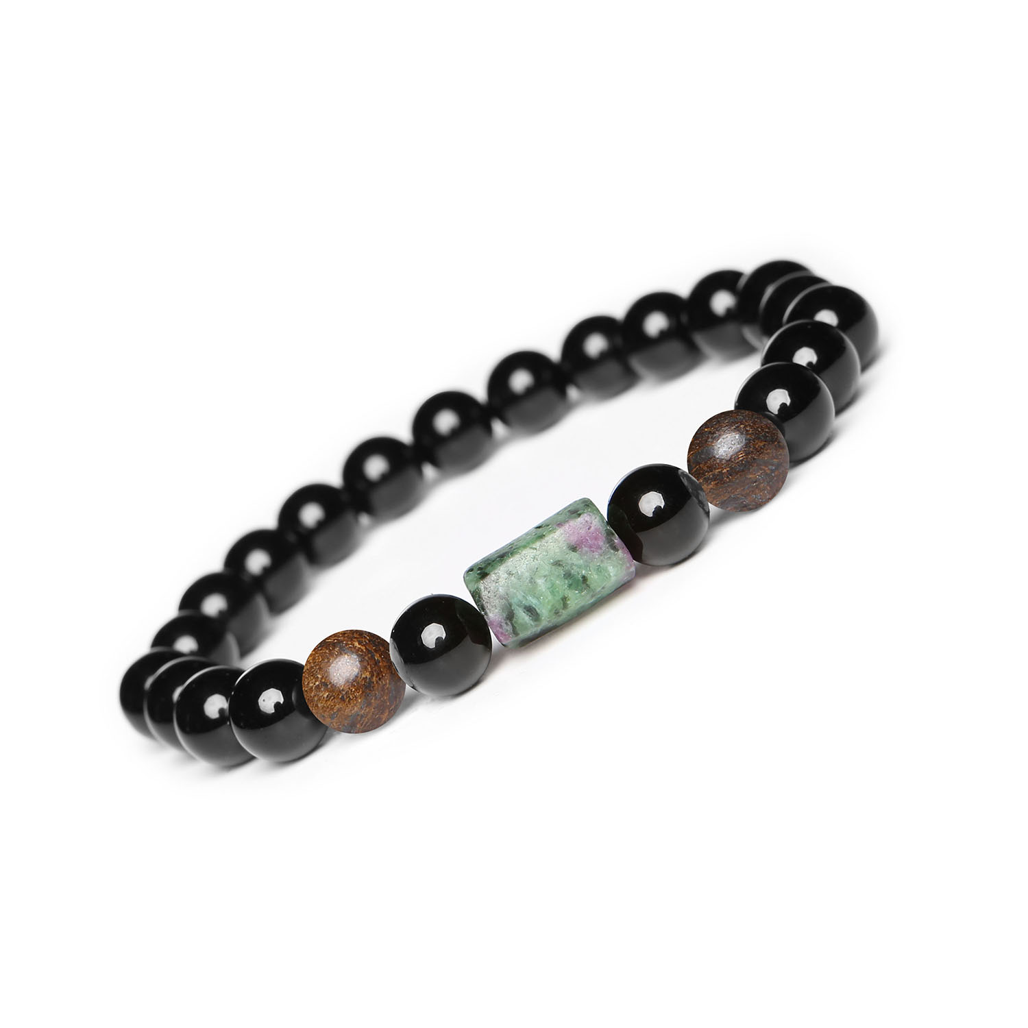 Bransoletka Laeri z gumki - Bronzyt, Zoisyt z Rubinem, Onyks idealna dla każdego Stylowa bransoletka na gumce Dla Kobiet i Mężczyzn Laeri, wykonana z kamieni naturalnych: bronzytu, zoisytu z rubinem oraz onyksu.