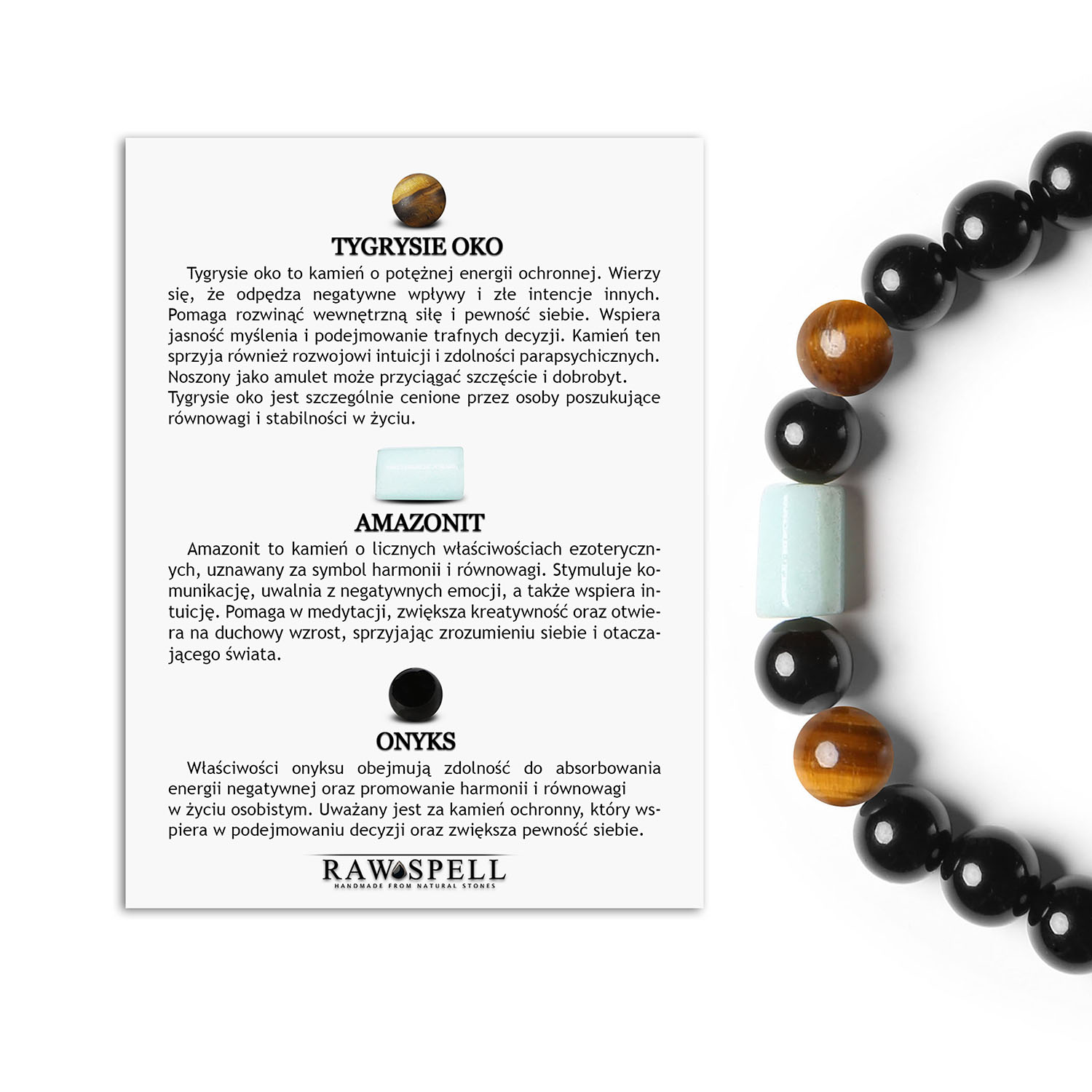 Bransoletka Laeri z gumki - Tygrysie Oko, Amazonit, Onyks - idealna dla kobiet i mężczyzn Elegancka bransoletka Laeri z Tygrysim Okiem, Amazonitem i Onyksem - doskonały dodatek dla kobiet i mężczyzn.