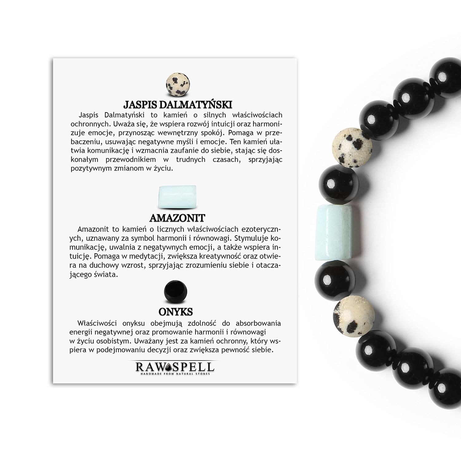 Bransoletka Laeri z gumki, jaspis dalmatyński, amazonit, onyks - idealna dla kobiet i mężczyzn Bransoletka Laeri z naturalnych kamieni: Jaspis Dalmatyński, Amazonit i Onyks, stworzona z myślą o kobietach i mężczyznach.