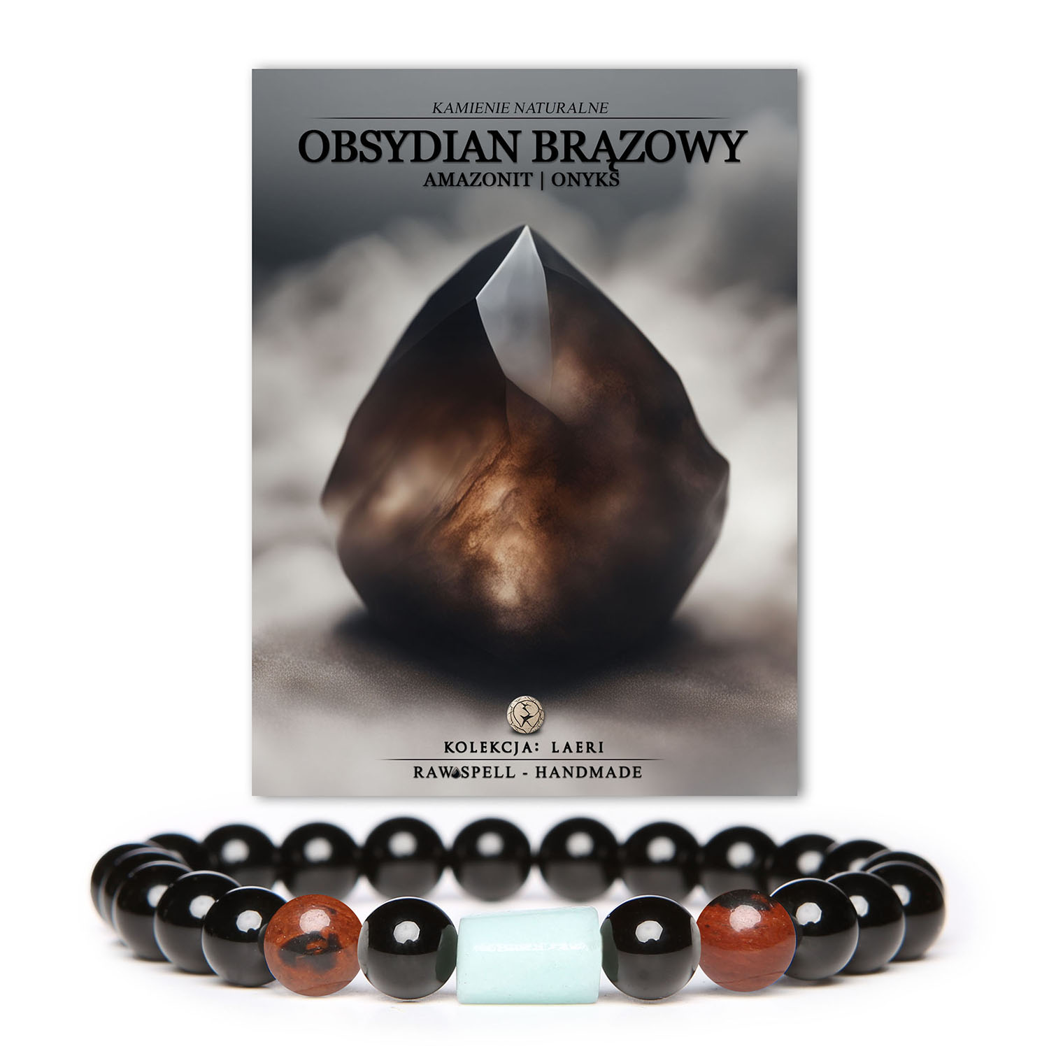 Stylowa bransoletka Laeri z brązowym obsydianem, amazonitem i onyksem, idealna dla kobiet i mężczyzn.