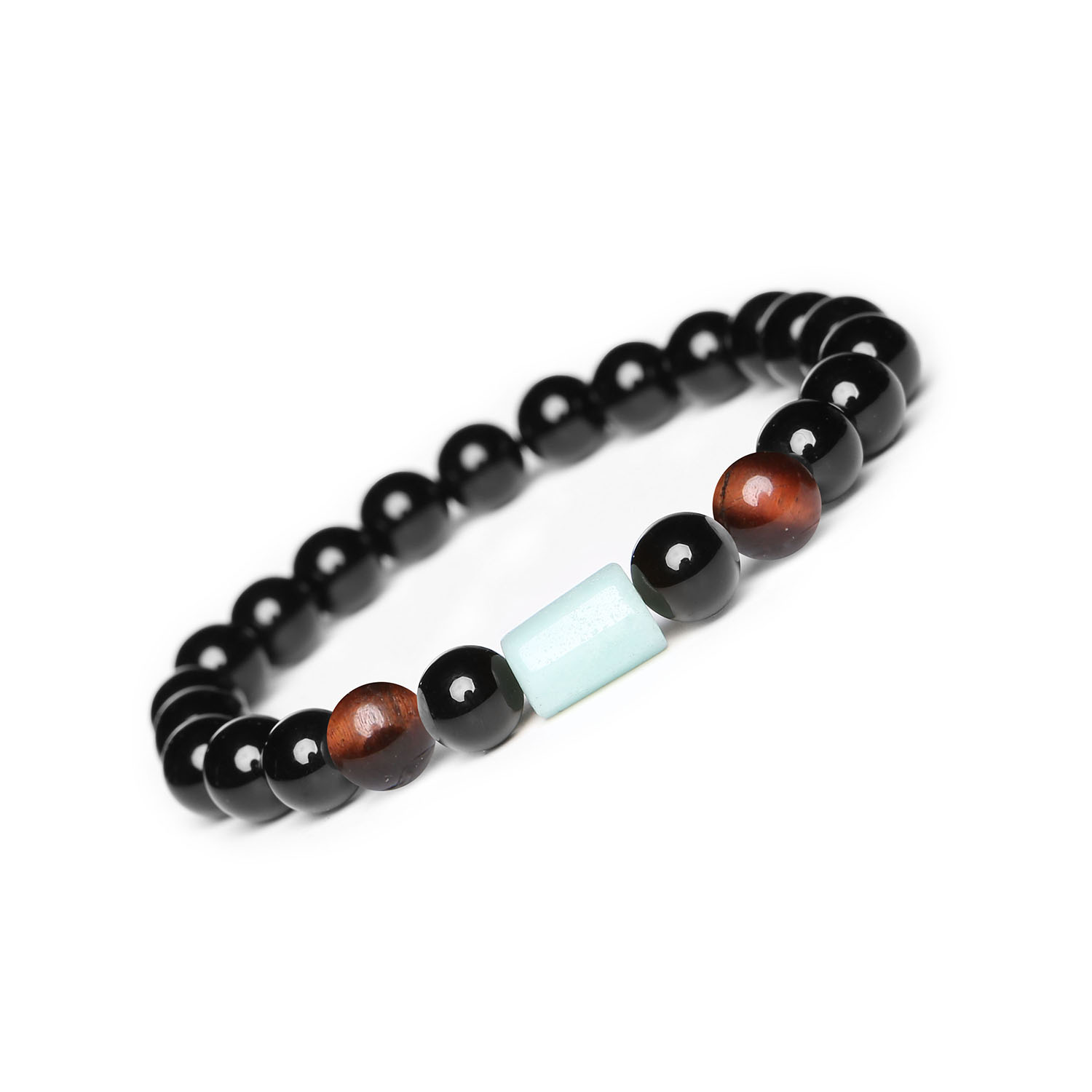 Bransoletka Laeri z gumki z Bawolego Oka, Amazonitu i Onyksu, idealna dla kobiet i mężczyzn Bransoletka z kolekcji Laeri, zdobiona kamieniami naturalnymi: Bawole Oko, Amazonit oraz Onyks, uniwersalna dla wszystkich płci.