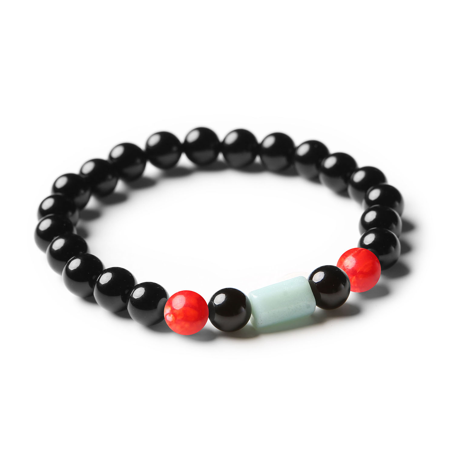 Bransoletka Laeri z wyjątkowymi kamieniami naturalnymi: Czerwony Agat Crackle, Amazonit i Onyks, zaprojektowana z myślą o kobietach i mężczyznach.