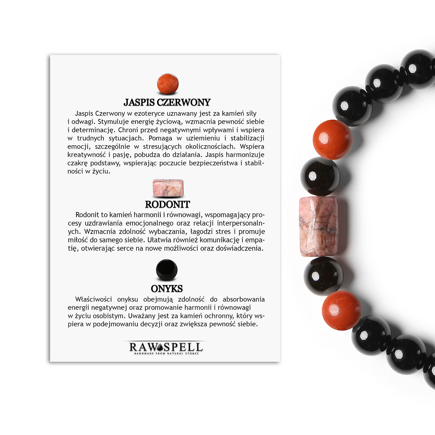 Bransoletka Laeri z jaspisem czerwonym, różowym rodonitem i onyksami - idealna na każdą okazję Kolekcja Laeri - bransoletka z naturalnymi kamieniami, w kolorach czerwonego jaspisu, różowego rodonitu i czarnego onyksu