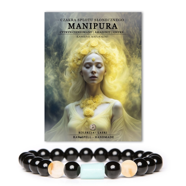 Elegancka bransoletka z kamieni naturalnych, łącząca cytryn cieniowany, amazonit i onyks, inspirowana energią czakry Manipura.
